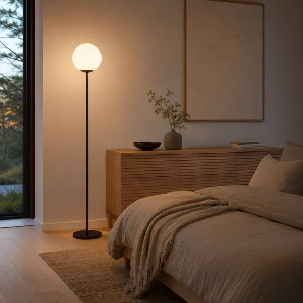 Minimalist Black Pole Torchiere with Frosted Globe Styled to Glow the Minimalist Black Pole Torchiere with Frosted Globe