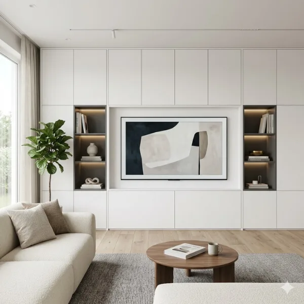 the Minimalist White Built In Cabinetry with Hidden Storage Doors