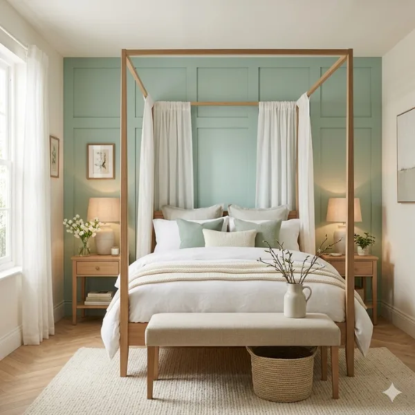 Mint Green Paneled Wall with Four Poster Bed Styled to Glow the Mint Green Paneled Wall with Four Poster Bed