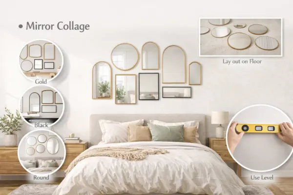 Mirror Collage on bedroom wall Styled to Glow the Mirror Collage on bedroom wall