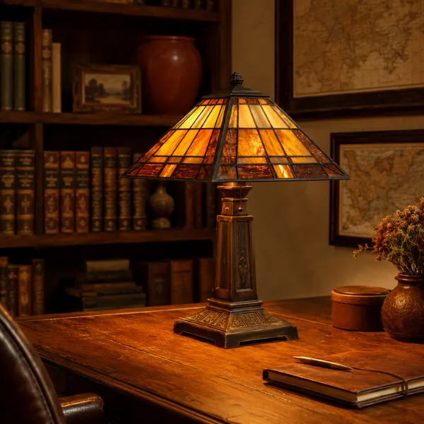 the Mission Amber Stained Glass Desk Lamp