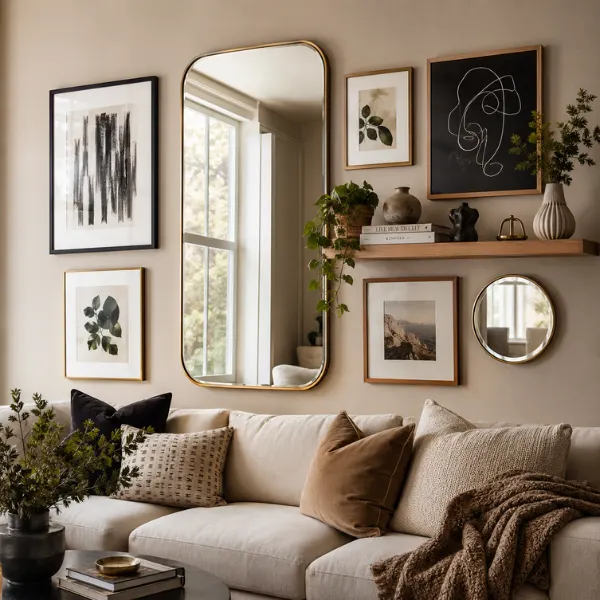 Mixed Mirror and Wall Art Composition Styled to Glow the Mixed Mirror and Wall Art Composition