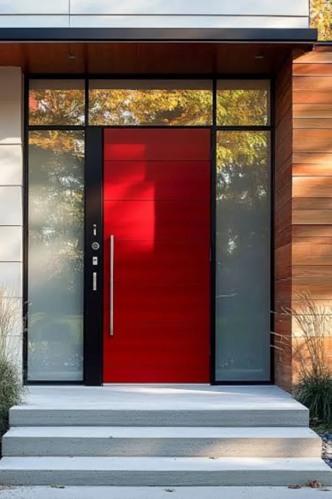 Modern Glass Panel Red Door with Concrete Steps Styled to Glow the Modern Glass Panel Red Door with Concrete Steps