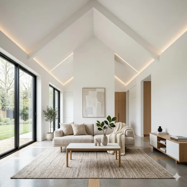 Modern Minimalist White Vaulted Ceiling Living Room Styled to Glow the Modern Minimalist White Vaulted Ceiling Living Room