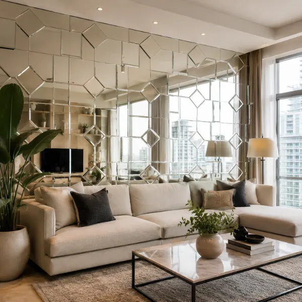 Modular Mirror Tile Accent Wall Styled to Glow the Modular Mirror Tile Accent Wall