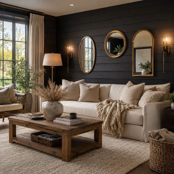 Moody Black Shiplap Wall with Antique Gold Mirrors Styled to Glow the Moody Black Shiplap Wall with Antique Gold Mirrors