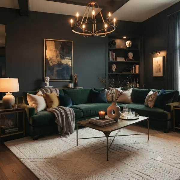 Moody Charcoal Walls with a Velvet Sofa Styled to Glow the Moody Charcoal Walls with a Velvet Sofa