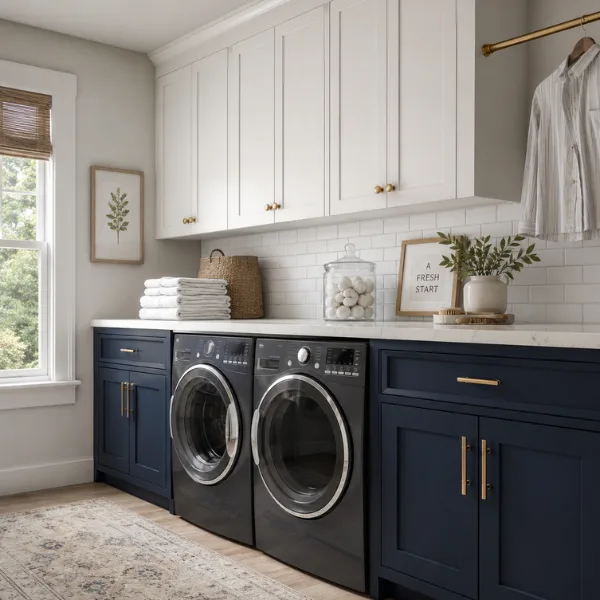 Moody Navy Blue Base Cabinets with White Uppers Styled to Glow the Moody Navy Blue Base Cabinets with White Uppers