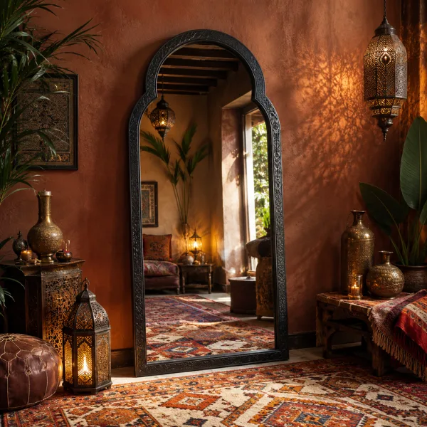 Moroccan Arch Iron Floor Mirror Styled to Glow the Moroccan Arch Iron Floor Mirror