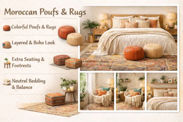 the Moroccan Poufs n Rugs Bedroom idea