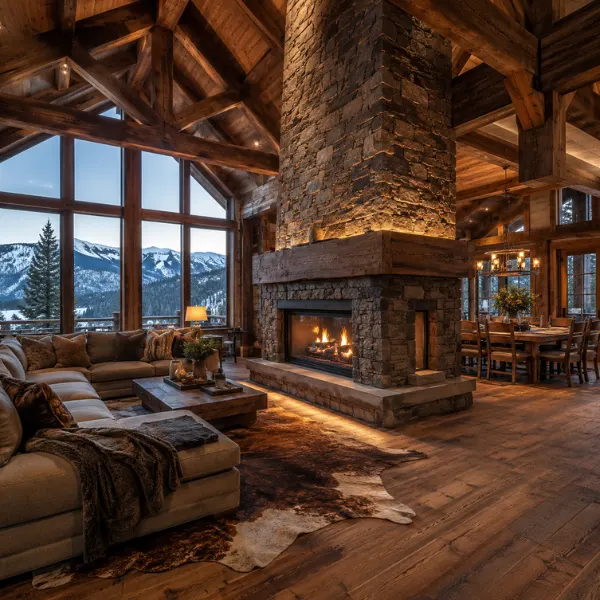 Mountain Cabin Vaulted Ceiling with Two Sided Fireplace Styled to Glow the Mountain Cabin Vaulted Ceiling with Two Sided Fireplace