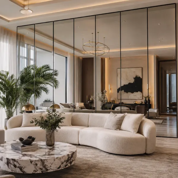 Multi Panel Floor to Ceiling Mirror Wall Styled to Glow the Multi Panel Floor to Ceiling Mirror Wall