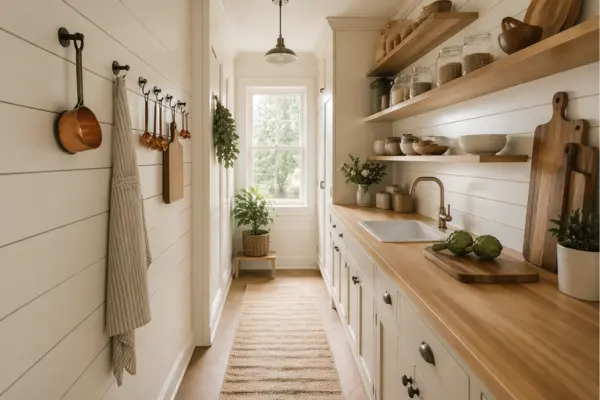 Narrow Galley Kitchen With Shiplap Walls Styled to Glow the Narrow Galley Kitchen With Shiplap Walls