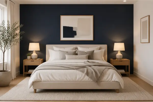 the Navy Blue Accent Wall Behind Bed