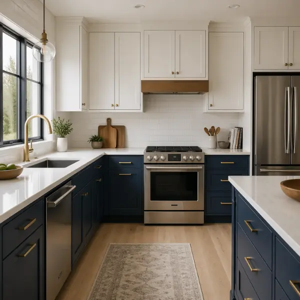 the Navy Blue Base Cabinets White Uppers