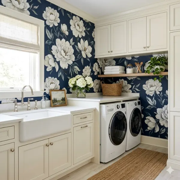 Navy Blue Oversized White Bloom Wallpaper Styled to Glow the Navy Blue Oversized White Bloom Wallpaper