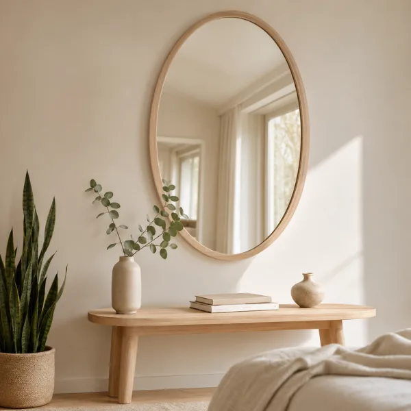 Nordic Pale Wood Oval Mirror Styled to Glow the Nordic Pale Wood Oval Mirror