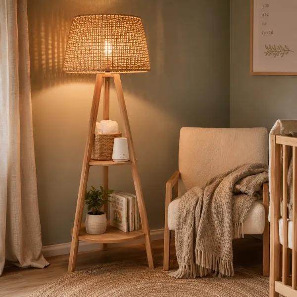 OUTON Boho Rattan Tripod Floor Lamp with Shelves Styled to Glow the OUTON Boho Rattan Tripod Floor Lamp with Shelves