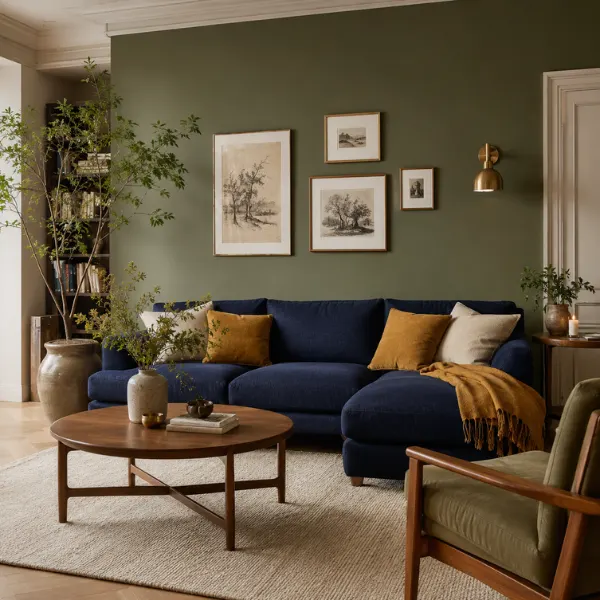 Olive Green Accent Wall with Navy Blue Furniture Styled to Glow Olive Green Accent Wall with Navy Blue Furniture