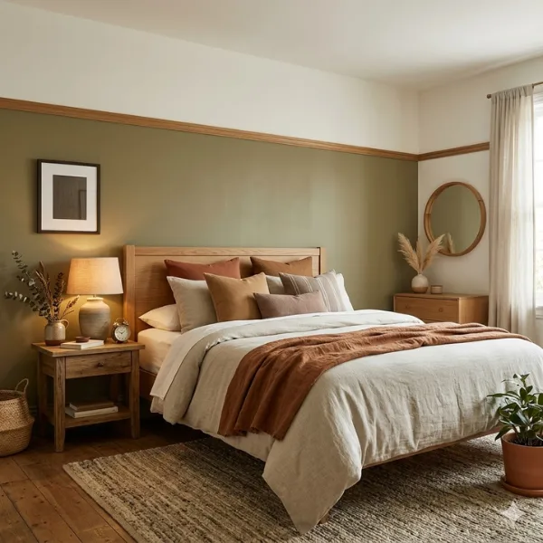 Olive Green Two Tone Painted Walls with Earthy Accents Styled to Glow the Olive Green Two Tone Painted Walls with Earthy Accents