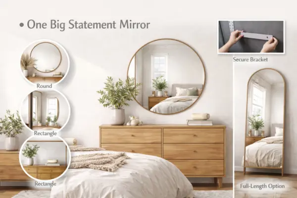 One Big Statement Mirror on bedroom wall Styled to Glow the One Big Statement Mirror on bedroom wall