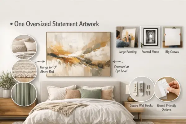 One Oversized Statement Artwork on bedroom wall Styled to Glow the One Oversized Statement Artwork on bedroom wall