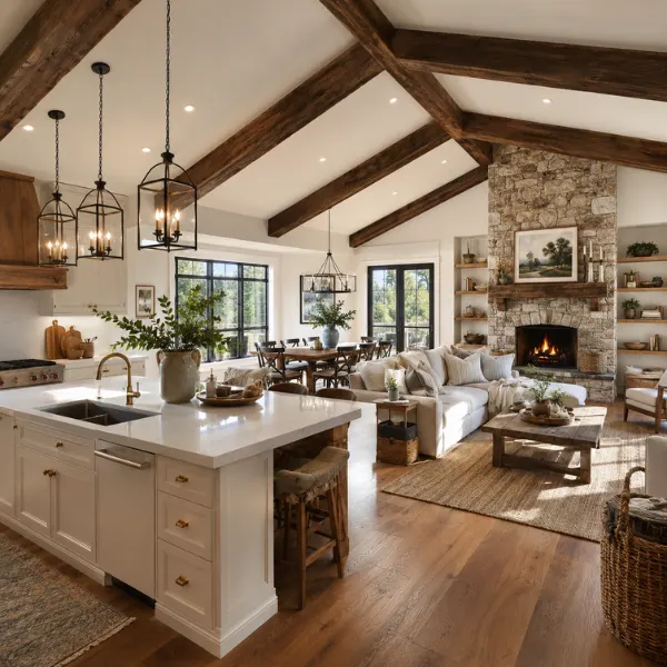 Open Concept Kitchen and Living Room with Exposed Wood Beams Styled to Glow the Open Concept Kitchen and Living Room with Exposed Wood Beams