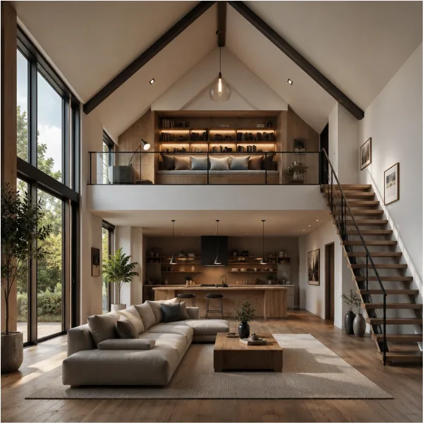 Open Plan Loft Vaulted Ceiling Living Room with Mezzanine Nook Styled to Glow the Open Plan Loft Vaulted Ceiling Living Room with Mezzanine Nook