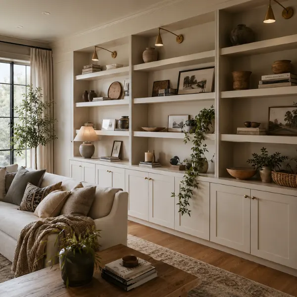 Open Shelves with Lower Cabinets Styled to Glow the Open Shelves with Lower Cabinets
