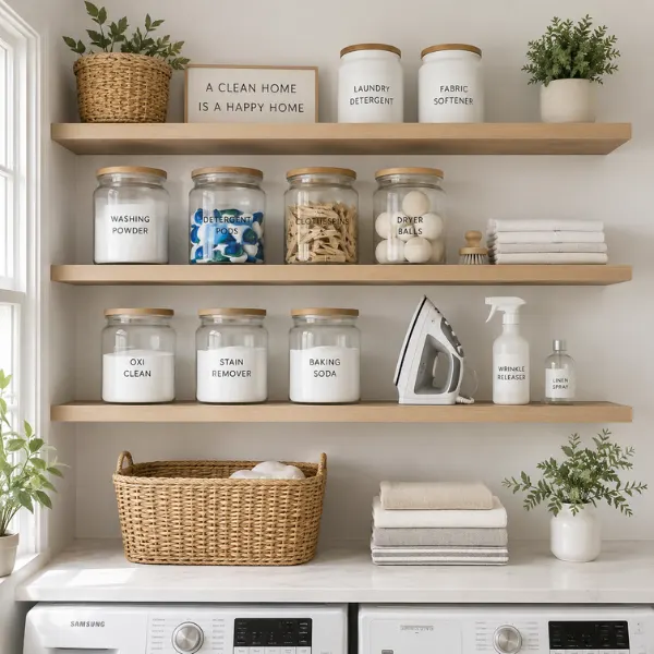 Open Shelving with Labeled Glass Jars Styled to Glow the Open Shelving with Labeled Glass Jars