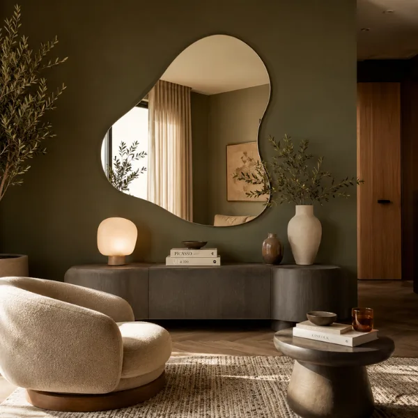 Organic Blob Shaped Statement Mirror Styled to Glow the Organic Blob Shaped Statement Mirror