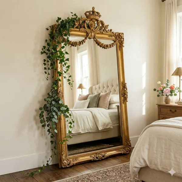 Ornate Carved Gold Mirror with Trailing Greenery Styled to Glow the Ornate Carved Gold Mirror with Trailing Greenery