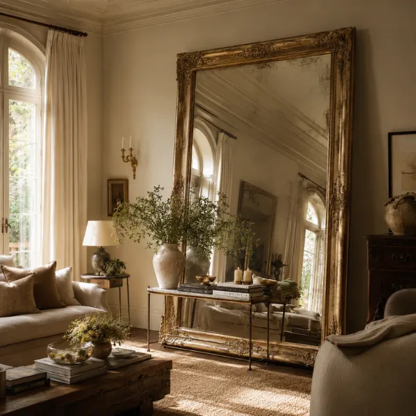 Oversized Antique Gold Leaning Mirror Styled to Glow the Oversized Antique Gold Leaning Mirror