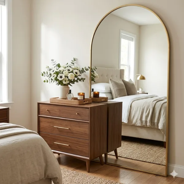 Oversized Arched Mirror Behind a Dresser Styled to Glow the Oversized Arched Mirror Behind a Dresser