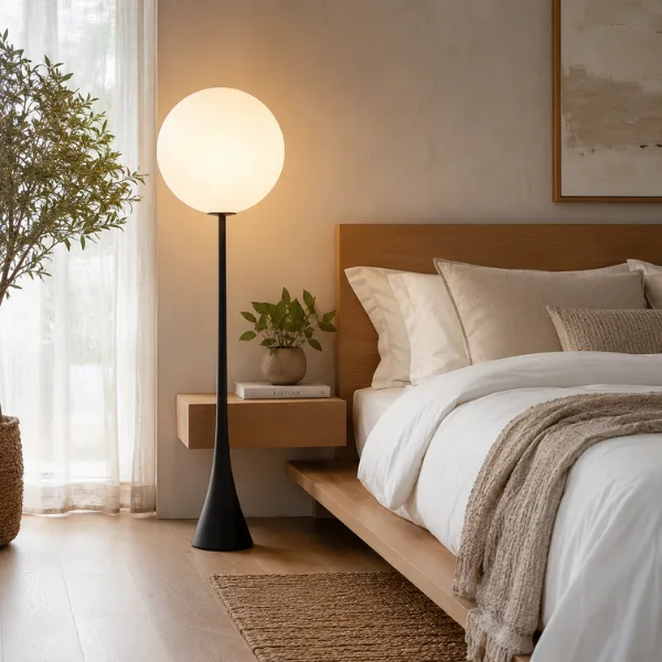 Oversized Globe Floor Lamp Used as Bedside Light Styled to Glow the Oversized Globe Floor Lamp Used as Bedside Light
