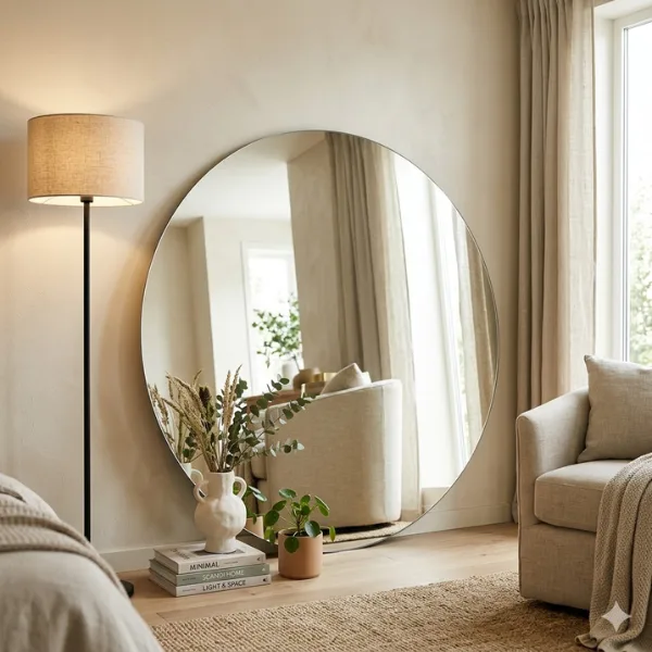 Oversized Leaning Circle Floor Mirror Styled to Glow the Oversized Leaning Circle Floor Mirror