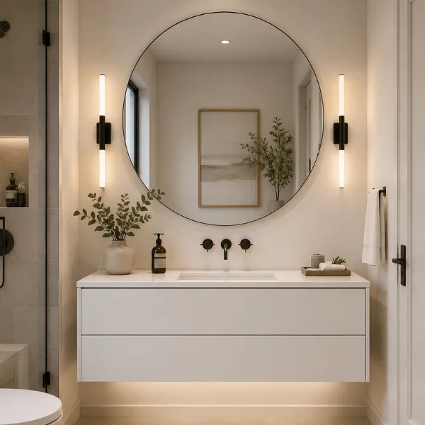 the Oversized Round Mirror Above a Floating Vanity