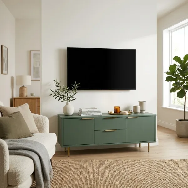Painted Statement TV Unit in Bold Colour Styled to Glow the Painted Statement TV Unit in Bold Colour