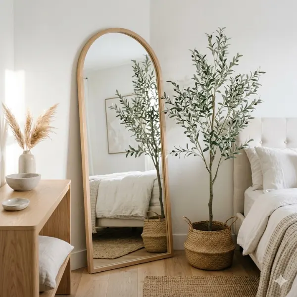 Pale Oak Arched Mirror with Faux Olive Tree Styled to Glow the Pale Oak Arched Mirror with Faux Olive Tree