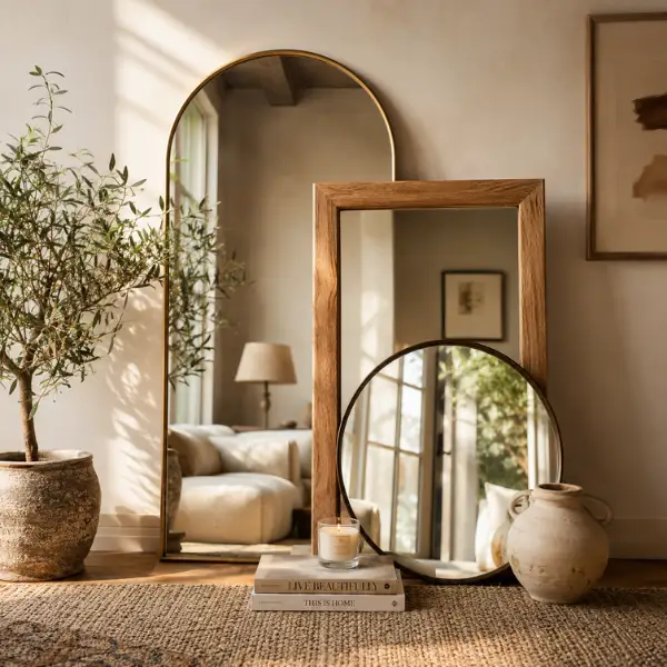 Petite Mirrored Trio Arrangement at Floor Level Styled to Glow the Petite Mirrored Trio Arrangement at Floor Level
