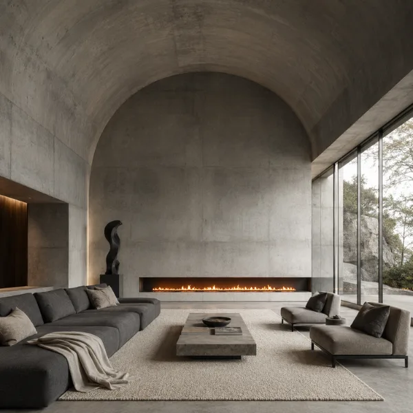 Polished Concrete Ribbon Fireplace Vaulted Living Room Styled to Glow the Polished Concrete Ribbon Fireplace Vaulted Living Room