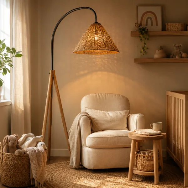 Rattan Cone Shade Arched Tripod Floor Lamp Styled to Glow the Rattan Cone Shade Arched Tripod Floor Lamp