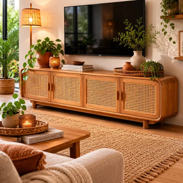 Rattan Door Solid Wood TV Cabinet Styled to Glow the Rattan Door Solid Wood TV Cabinet