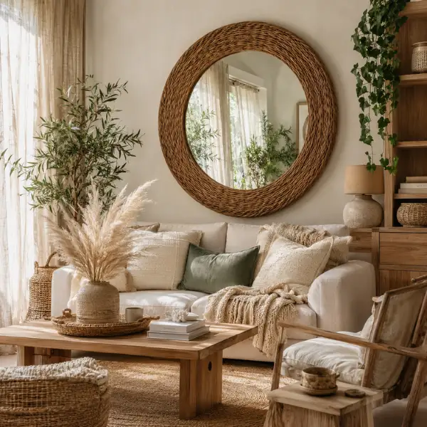 Rattan Framed Bohemian Round Mirror Styled to Glow the Rattan Framed Bohemian Round Mirror