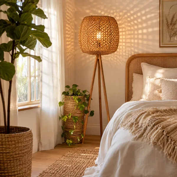 Rattan Tripod Floor Lamp Boho Coastal Style Styled to Glow the Rattan Tripod Floor Lamp Boho Coastal Style