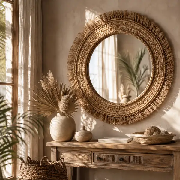 Rattan and Natural Fiber Boho Frame Mirror Styled to Glow the Rattan and Natural Fiber Boho Frame Mirror