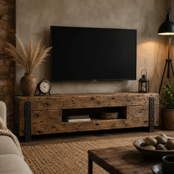 Reclaimed Barn Wood TV Stand with Steel L Brackets Styled to Glow the Reclaimed Barn Wood TV Stand with Steel L Brackets