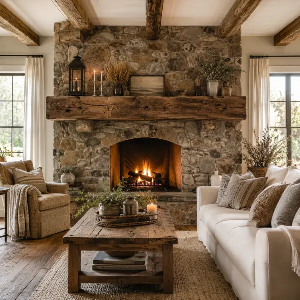 Reclaimed Wood Beam Mantel with Stone Surround Styled to Glow the Reclaimed Wood Beam Mantel with Stone Surround