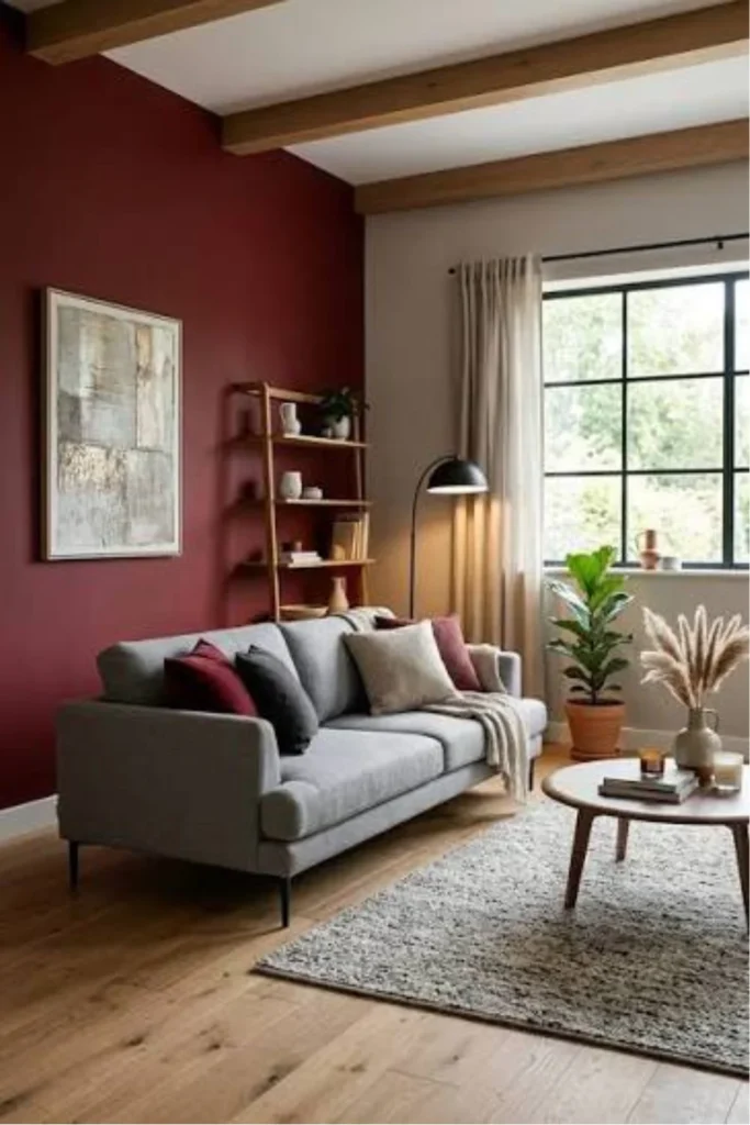 Red Accent Wall Behind a Neutral Sofa Styled to Glow the Red Accent Wall Behind a Neutral Sofa