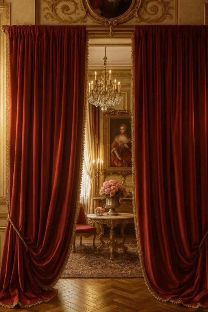 Red and Gold Trimmed Drapes Styled to Glow the Red and Gold Trimmed Drapes